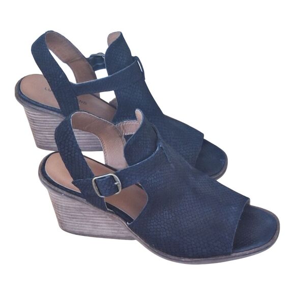 Lucky Brand Labradite Wedge Stack Heel Sandals Black Leather Snake Texture sz 11 - Picture 8 of 16